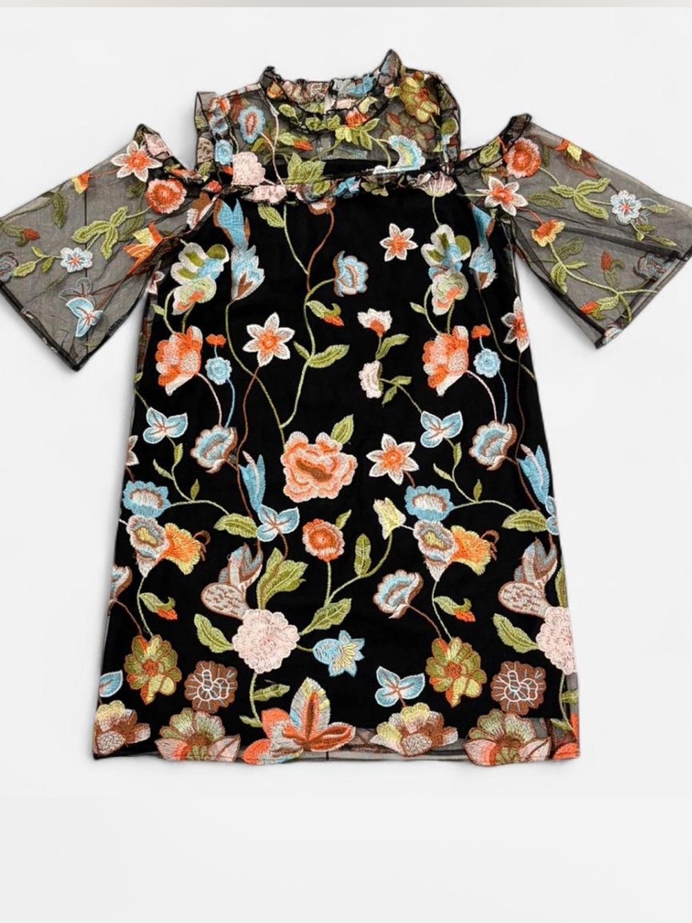 Embroidered Floral Black Mesh Shift Dress
